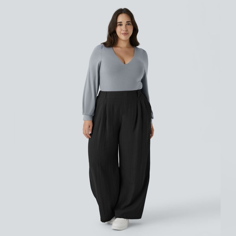 Halara Linen-Feel Pants High Waisted Pocket Wide Leg Flowy Solid Palazzo Casual